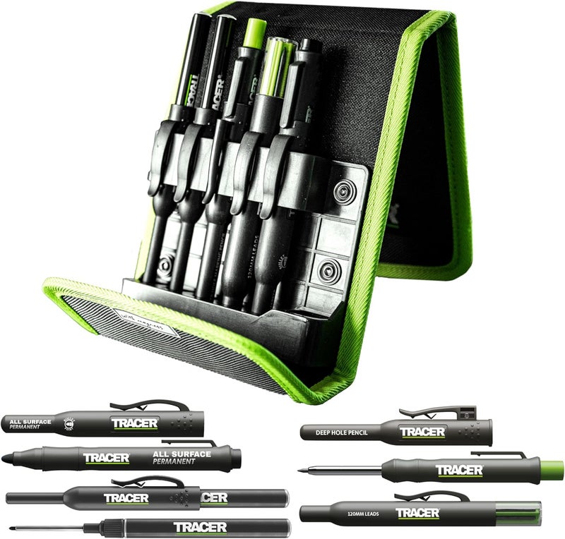Tracer 5 Piece Construction Marker Kit with Storage Case - Carpenter's Pencil, 2 x Long Nib Markers, Clog-free Marker and Replacement Leads Dispenser - Image 1